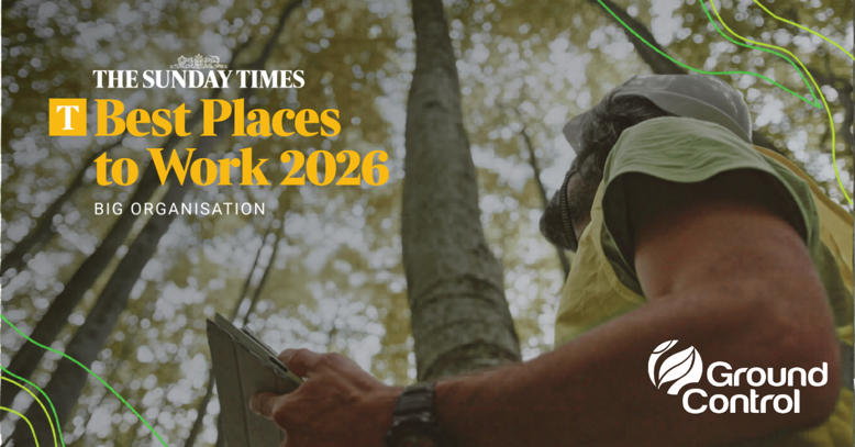 Person using a tablet in woodland with “Best Places to Work 2026” award graphic and Ground Control logo
