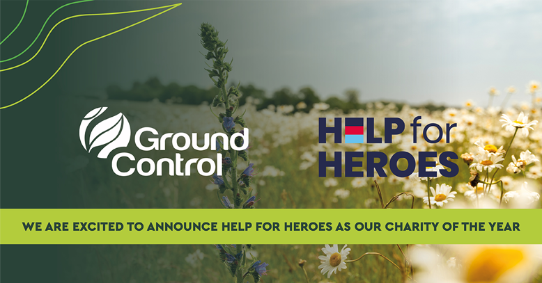 Graphics show the logos of Ground Control and Help for Heroes and the phrase "We are excited to announce Help for Heroes as our Charity of the Year"