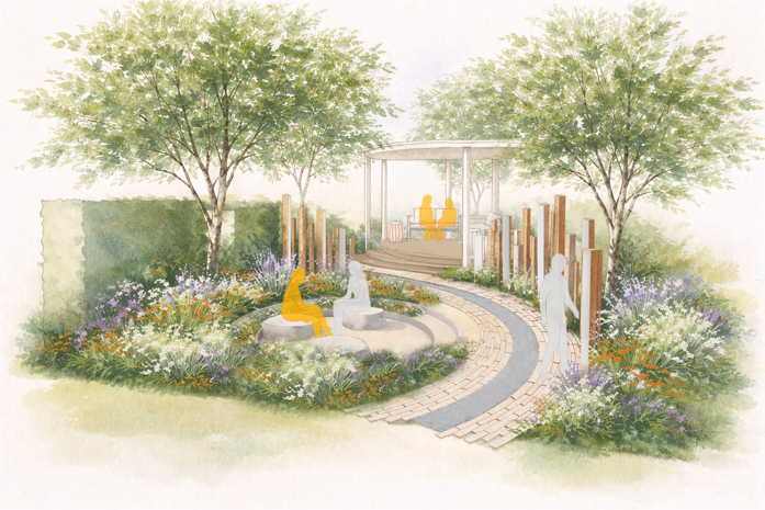 Illustration of a landscaped garden with curving paths, trees, planted borders, and a small pavilion with seating.